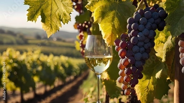 Fototapeta A glass of white wine and grapes 