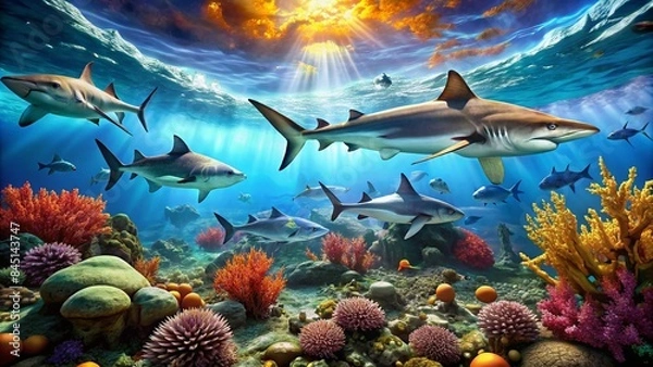 Fototapeta underwater view has a Beautiful colorful coral and shark