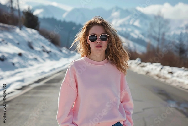 Obraz Sweatshirt mockup, female model with sunglasses and wavy hair wearing a pink sweatshirt on a road in the mountains during winter time, high definition, blurry background 
