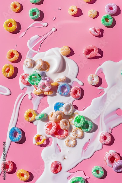 Obraz A top-down view of colorful cereal and spilled milk on a pink background. Modern food aesthetic.