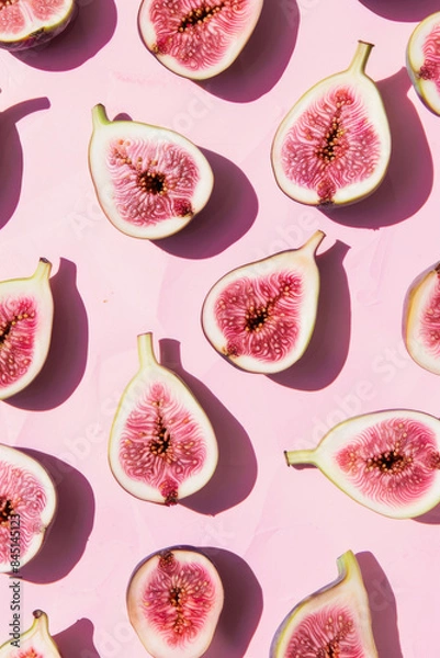 Fototapeta Figs arranged in a pattern on light pastel pink background. Summer fruit aesthetic.