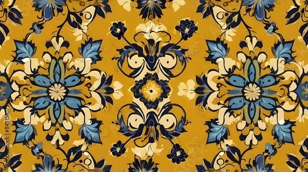 Fototapeta Seamless vector pattern with simple geometrical flower on yellow background. Vintage floral mosaic tile. Decorative wallpaper design Generative AI 