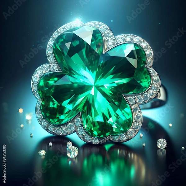 Fototapeta クローバーの形状をしたエメラルドとダイヤモンドを使った宝飾品