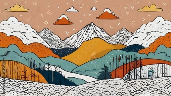 Fototapeta Vector color children hand drawn doodle mountain illustration in scandinavian style. Mountain landscape, clouds. Children's wallpaper. Mountainscape, children's room design, wall decor. Mural Generati