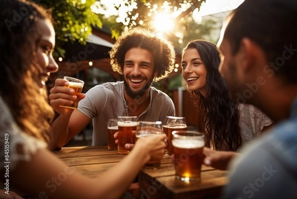 Obraz A group of people are sitting around a table, laughing and drinking beer