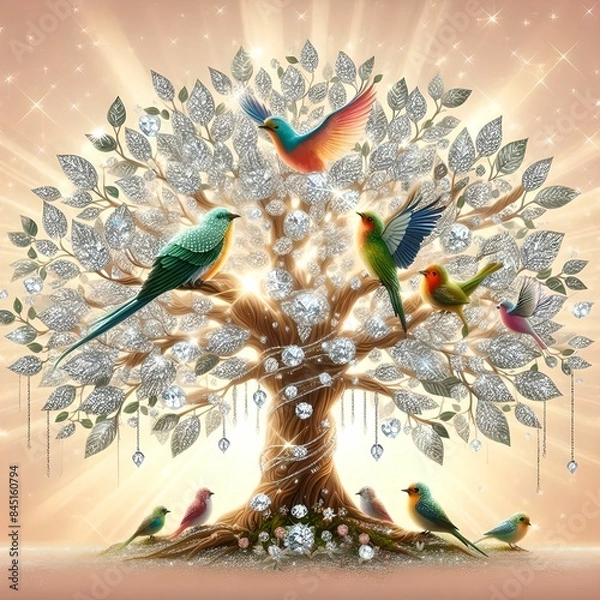 Fototapeta ダイヤモンドの木とカラフルな鳥