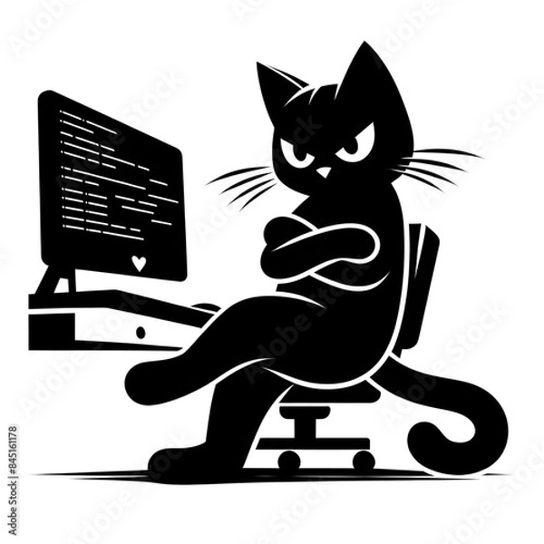 Fototapeta 猫が腕組みしながらパソコンの画面を睨んでいるシルエット