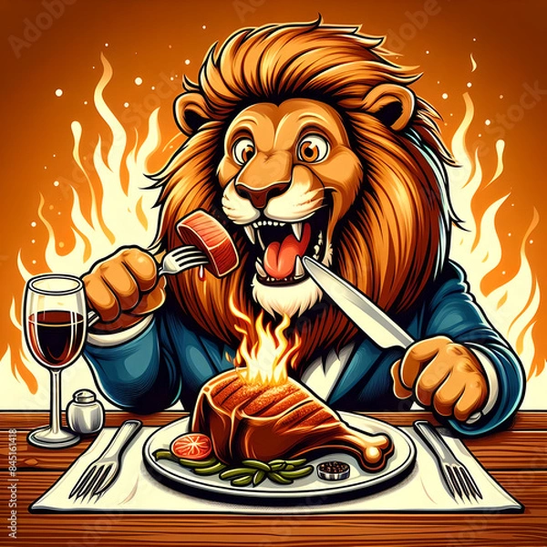 Fototapeta スーツを着たライオンがナイフとフォークで肉を食べている