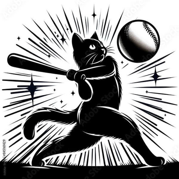 Fototapeta バットを持ってボールを打ち返す猫のシルエットイラスト