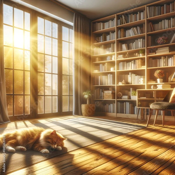 Fototapeta 夕日の差し込む窓際の書斎