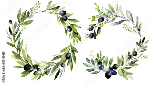 Fototapeta Set of olive branches braided in a circle decoration for wedding, isolated on transparent background, cut out