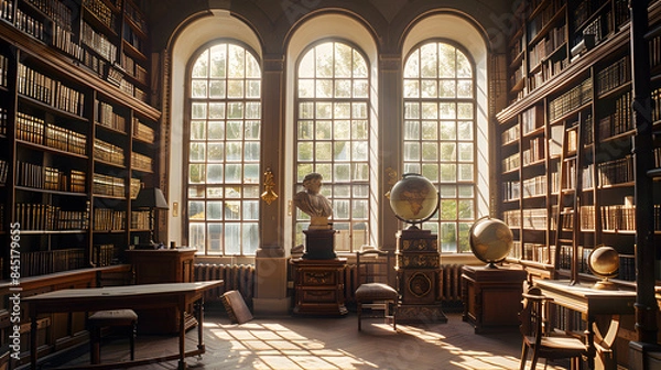 Fototapeta A library with a lot of books and a globe on a table