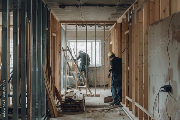 Obraz Step by step installation of wooden house frame with workers and partitions in apartment building