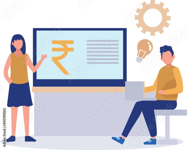 Fototapeta The girl and the boy are working together.