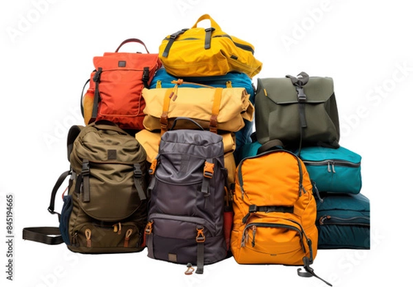 Fototapeta A pile of backpacks and bags of various colors and sizes