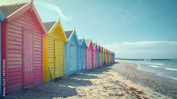 Fototapeta A picturesque summer beach with colorful beach huts lined up along the shore, each painted in bright, cheerful colors.