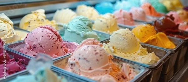 Obraz Get ready for summer with a freezer full of ice cream flavors and ice cubes in the bucket.