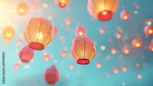 Fototapeta Colorful Eid Lanterns Floating on Pastel Sky