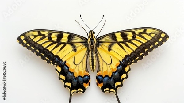 Fototapeta Close up view of vibrant hind wings of newly emerged Yellow swallowtail butterfly against white backdrop