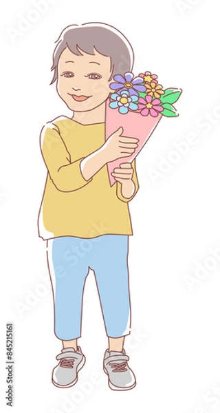 Fototapeta 花束を持った笑顔の子供の立ちイラスト