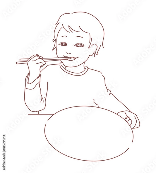 Fototapeta 笑顔でお箸を使って食事をする子供と丸いお皿のシンプルな線画イラスト