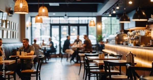 Fototapeta Blur coffee shop or cafe restaurant, Blurred restaurant background with some people and chefs working