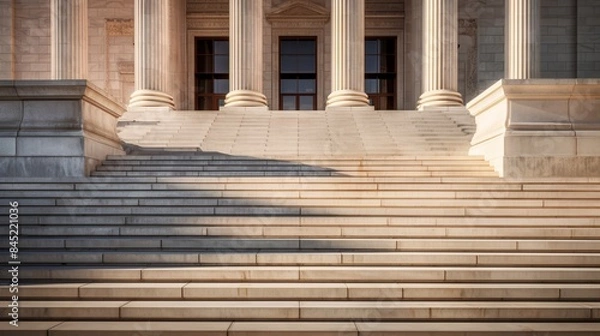 Fototapeta Elevated view of scales of justice, courthouse steps leading up to a majestic entrance