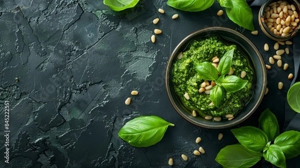 Fototapeta A beautifully presented bowl of pesto, with basil leaves and pine nuts decoratively placed around it, top view, isolated background, studio lighting