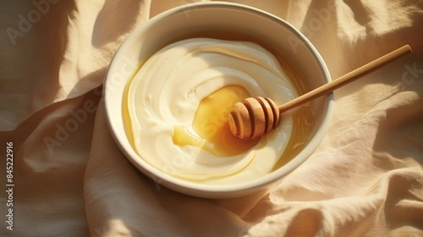 Obraz Top view of creamy vanilla yogurt in a white bowl, drizzled with honey, soft morning light