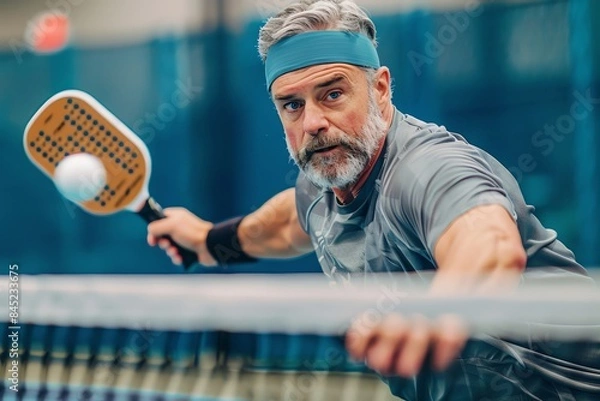 Obraz A Man playing pickleball is captured in action taking a backhand shot, with a focused expression on him face. He is wearing athletic wear and a sweatband, with a blurred background of the court