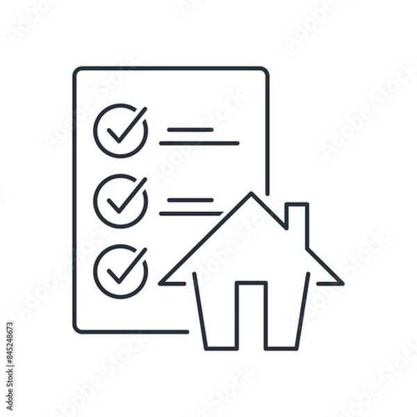 Fototapeta House with compliance document. Vector linear icon isolated on white background.