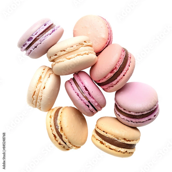 Obraz Assorted colorful macarons arranged in a pleasing pattern, showcasing their delicious and delicate texture. Perfect for bakery or dessert themes.