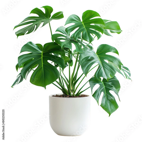 Obraz Vibrant monstera deliciosa plant in a white pot, showcasing lush green leaves and a modern indoor aesthetic. isolated on white background. transparent background.