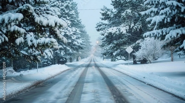 Obraz Pine trees encircle a street covered in snow