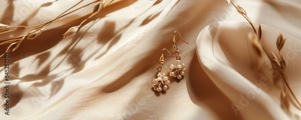 Fototapeta A pair of elegant beige cloth earrings displayed against a neutral background, with ample space for text or design elements