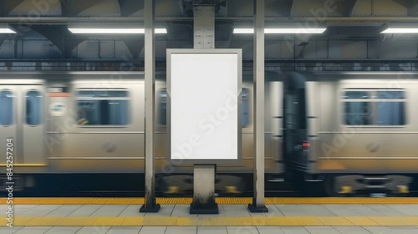 Obraz Mock up Poster media template Ads display in NYC Train Subway Station between two Moving Train on background. Realistic 3d render illustration