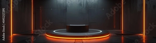 Fototapeta futuristic dark room with glowing orange light ring on the floor and black round podium in center, cyberpunk style, futuristic scifi interior design