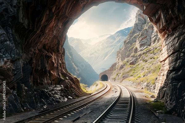 Fototapeta A tunnel cuts through the mountains, with a new road or railway tracks illustrating the combination of natural beauty and human engineering, symbolizing exploration and communication