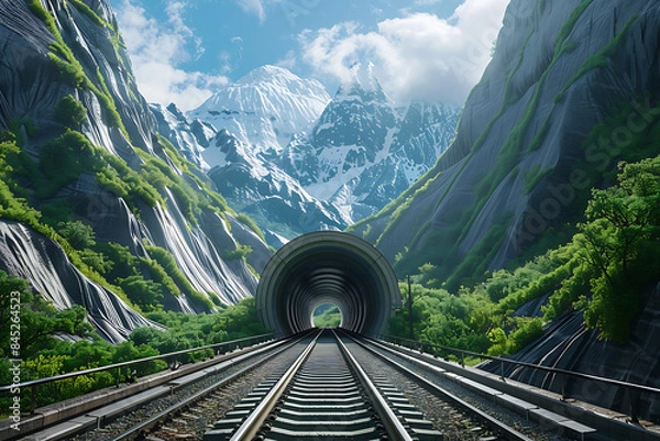 Fototapeta A tunnel cuts through the mountains, with a new road or railway tracks illustrating the combination of natural beauty and human engineering, symbolizing exploration and communication