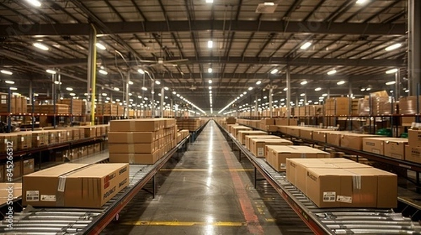 Obraz Highly Organized Package Sorting Facility Showcasing the Efficient Flow and Distribution of Parcels Boxes and Cargo Across a Vast Warehouse Workspace with Automated Conveyor Systems and Shelving