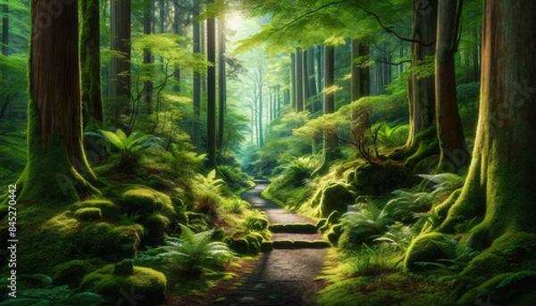 Fototapeta a painting of a path through a lush green forest