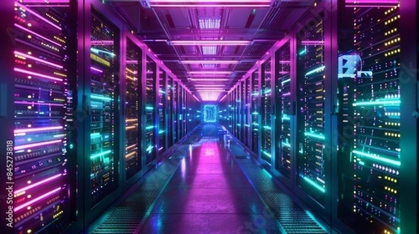 Obraz Futuristic server room with glowing neon lights. 3D rendering