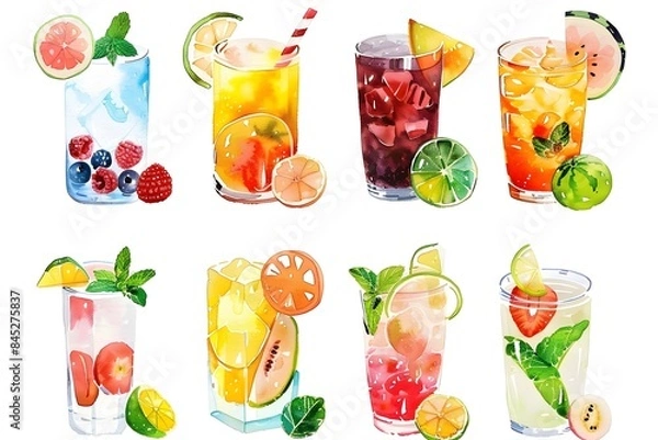 Fototapeta A Collection of Watercolor Fruit Mocktail and Fizzy Drink Icons on White Background