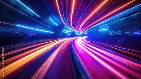 Fototapeta A vibrant, dynamic light trail emerging from a central point, shades of blue, purple, pink, and orange sense of energy and futuristic technology