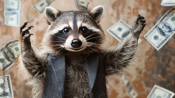 Fototapeta A raccoon wearing a suit stands with arms raised as dollar bills rain down around it.
