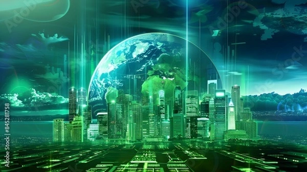 Fototapeta Earth hologram and eco energy hud, technology and resources and green city