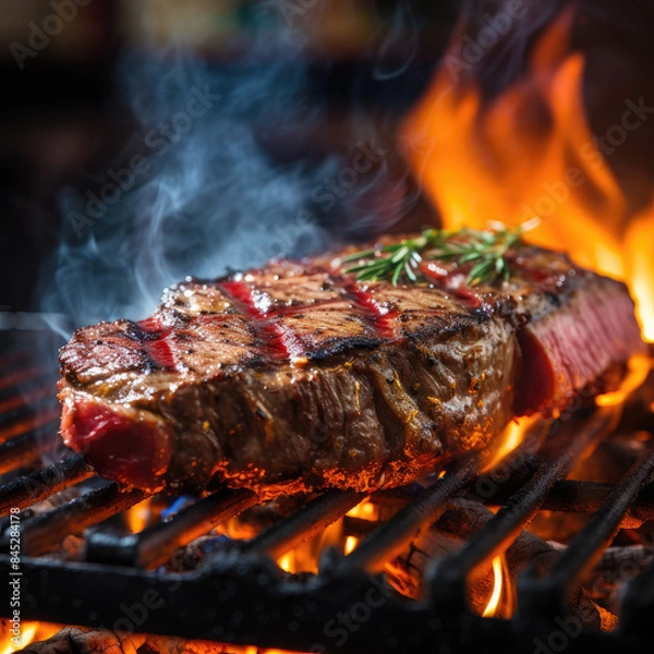 Fototapeta Juicy steak sizzling on a grill with flames and smoke, showcasing perfect grill marks and a sprig of rosemary for garnish.