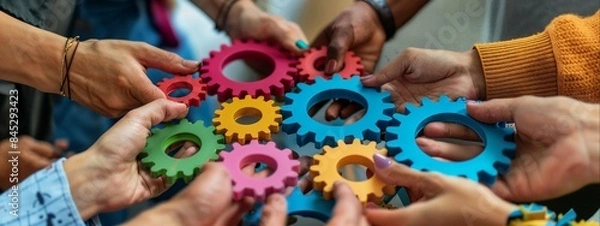 Obraz Close up of a team of business people holding colorful gears in their hands working together