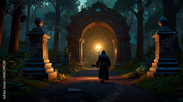 Fototapeta A spirit wearing a hoodie is deep in the woods in the darkness of Halloween night