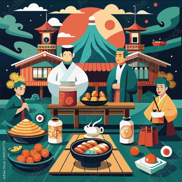 Fototapeta Delicious Japanese Food  A Variety of Sushi and Sashimi Mixed Japanese Food Plate